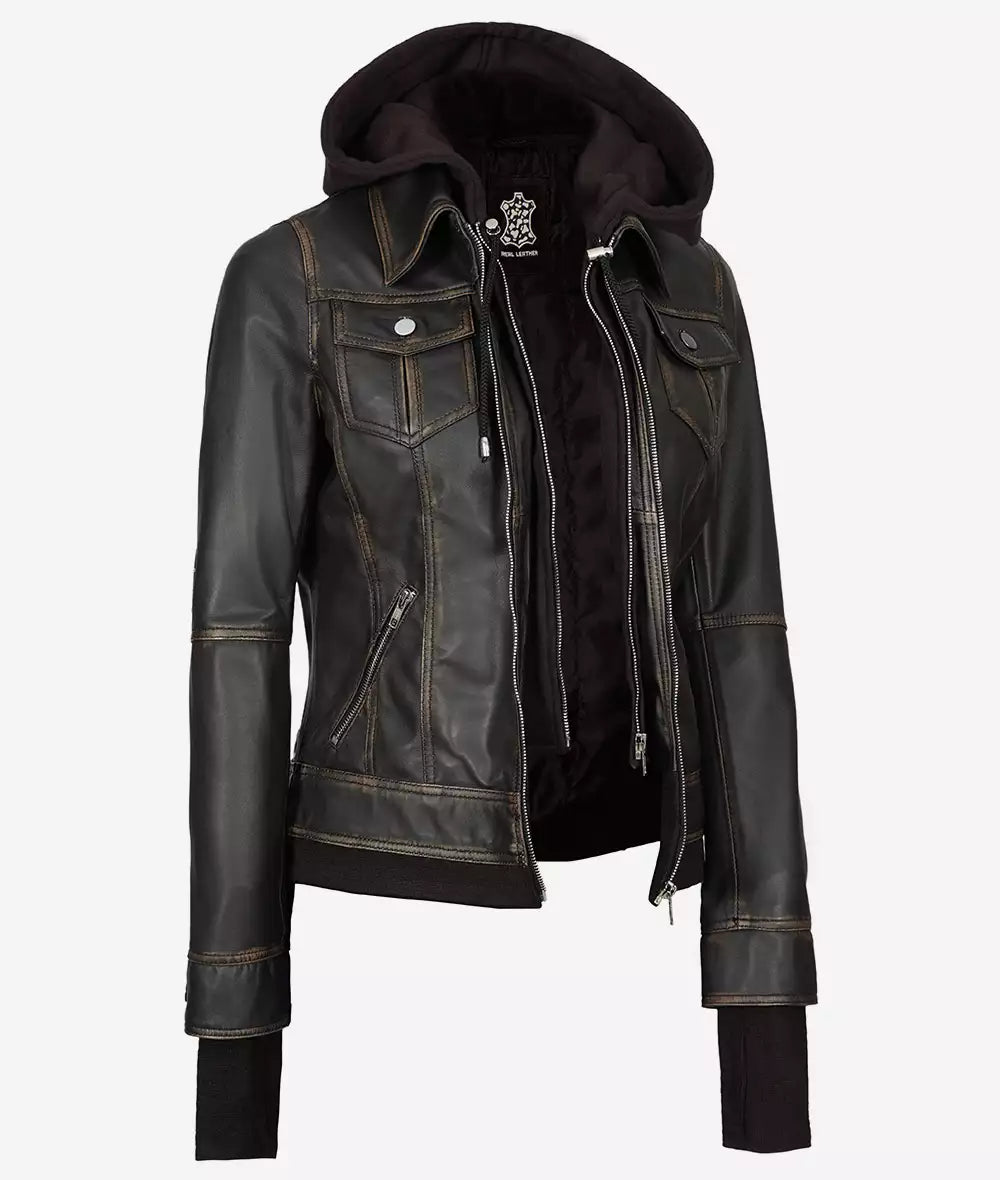 Women's Rub off Brown Bomber Leather Jacket with Removable Hood LSW-0024